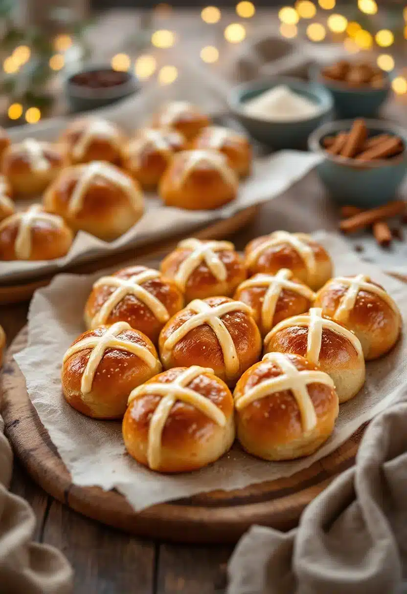 Freshly baked hot cross buns on wooden board