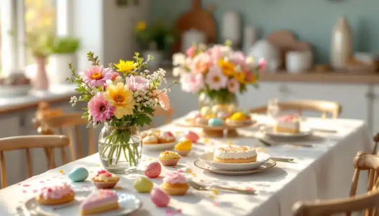 Spring table with flowers and desserts