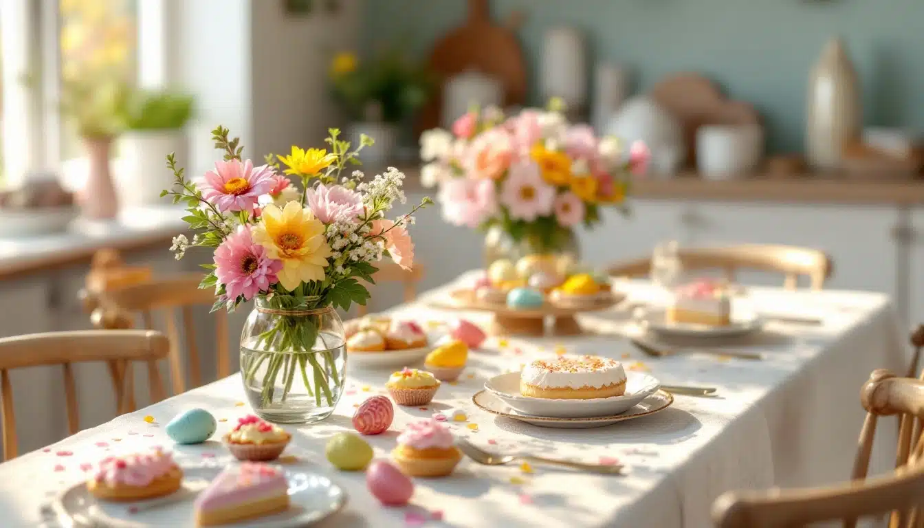 Spring table with flowers and desserts