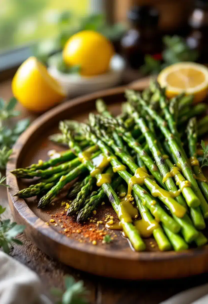 Asparagus with lemon and mustard sauce on plate.