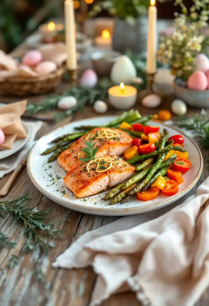 Grilled salmon with asparagus and cherry tomatoes