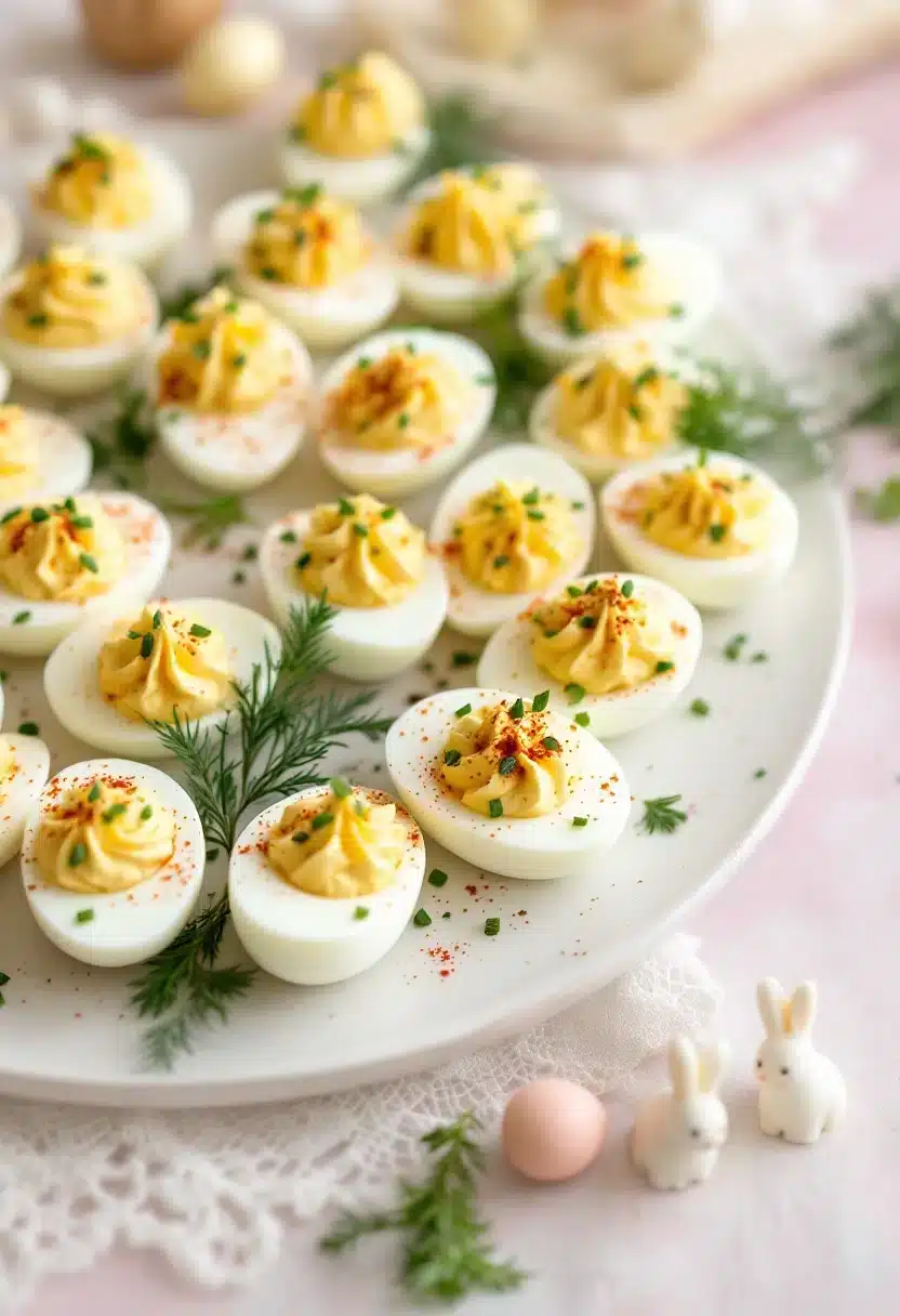 Plate of decorated deviled eggs with herbs
