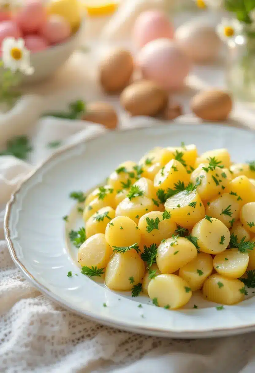 Boiled potatoes with parsley on white plate