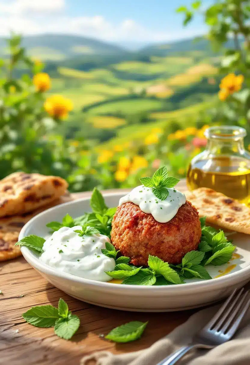 Tasty meatball with yogurt sauce on leafy greens.