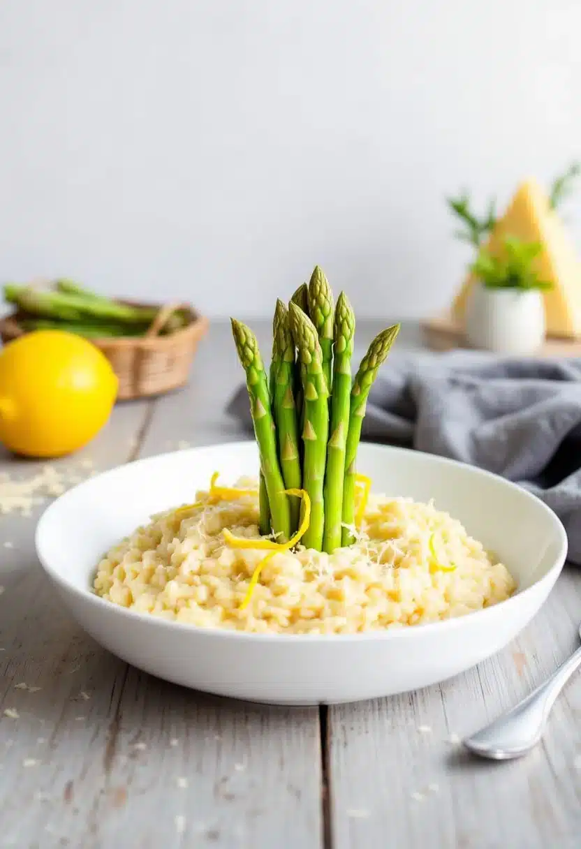 Asparagus risotto with lemon zest garnish.
