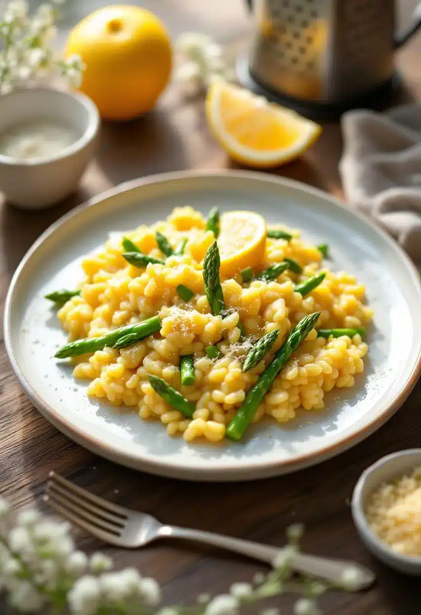 Lemon risotto with asparagus on white plate.