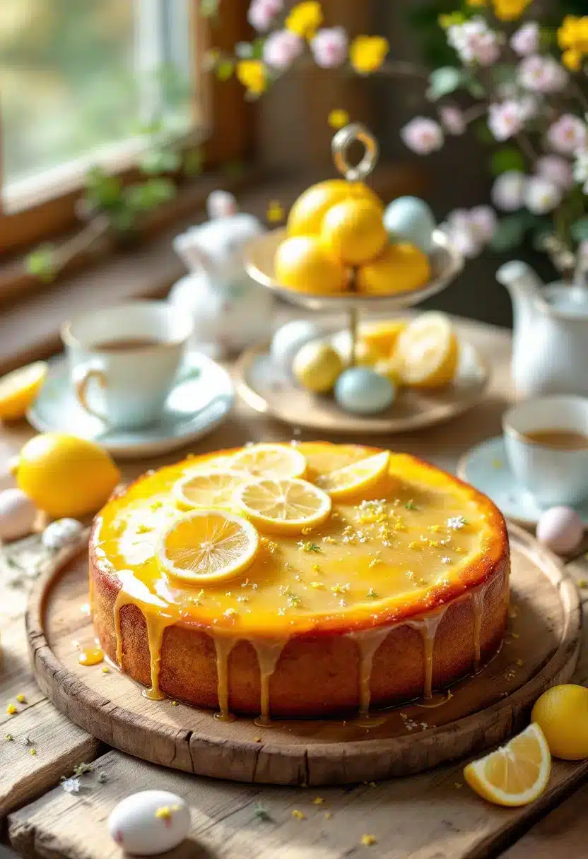 Lemon cake with fresh citrus on table.