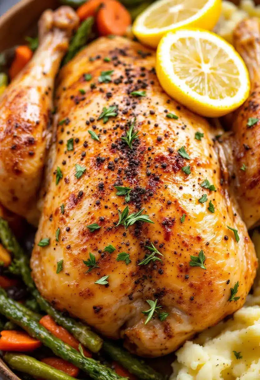 Roast chicken with herbs, vegetables, lemon slices.
