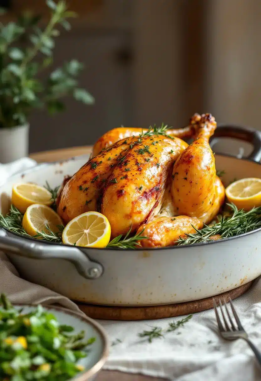 Roasted chicken with lemon and rosemary in pan.
