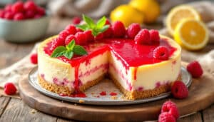 indulge in the perfect balance of tangy lemon and sweet raspberry with our lemon raspberry cheesecake. this refreshingly indulgent dessert is a delightful treat that will tantalize your taste buds and elevate any occasion.