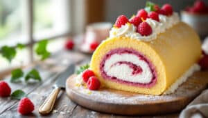 indulge in the delightful lemon-raspberry rolled cake, a perfect blend of zesty lemon and sweet raspberry flavors. this light and airy dessert, elegantly rolled and dusted with powdered sugar, promises to be a showstopper for any occasion. treat yourself to a slice of sunshine!