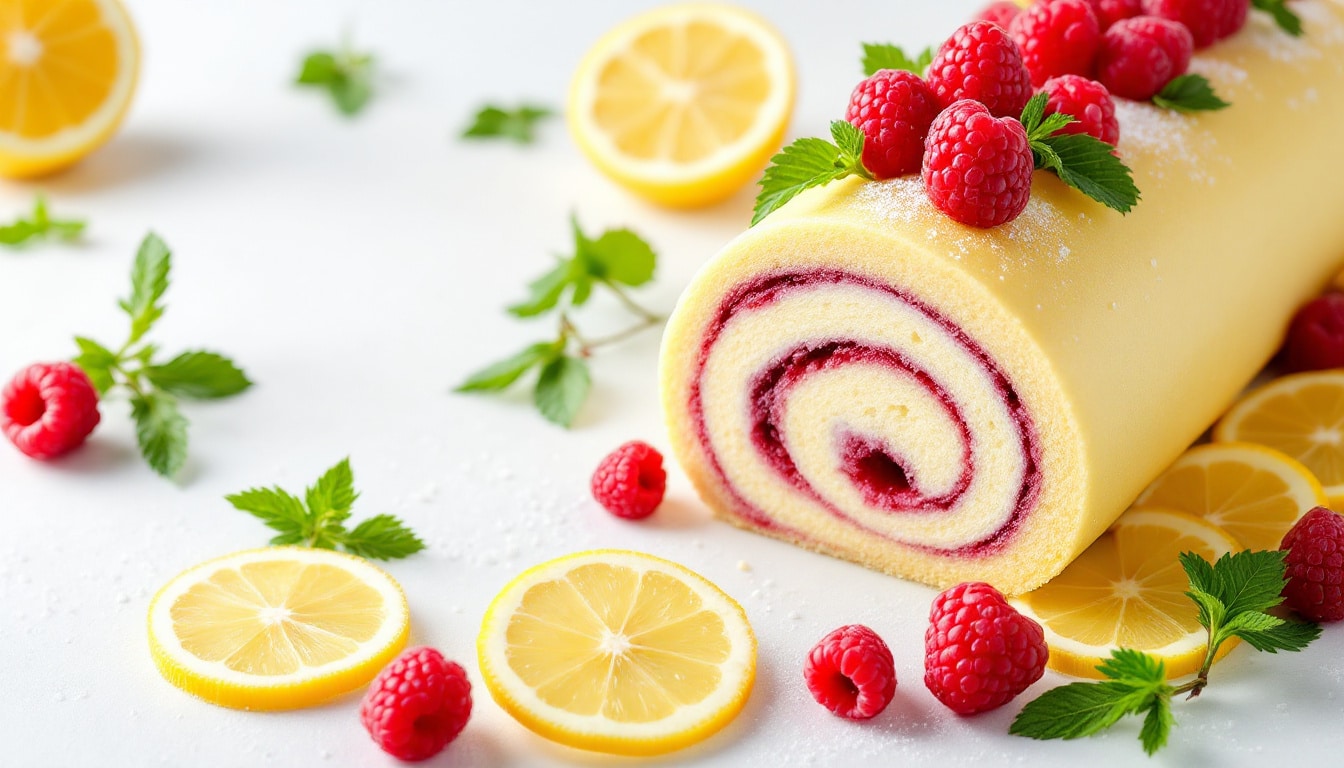 indulge in the refreshing flavors of our lemon-raspberry rolled cake delight. this light and fruity dessert features a tender rolled cake filled with zesty lemon cream and bursting with fresh raspberries, making it a perfect treat for any occasion. sweet, tangy, and utterly delightful!