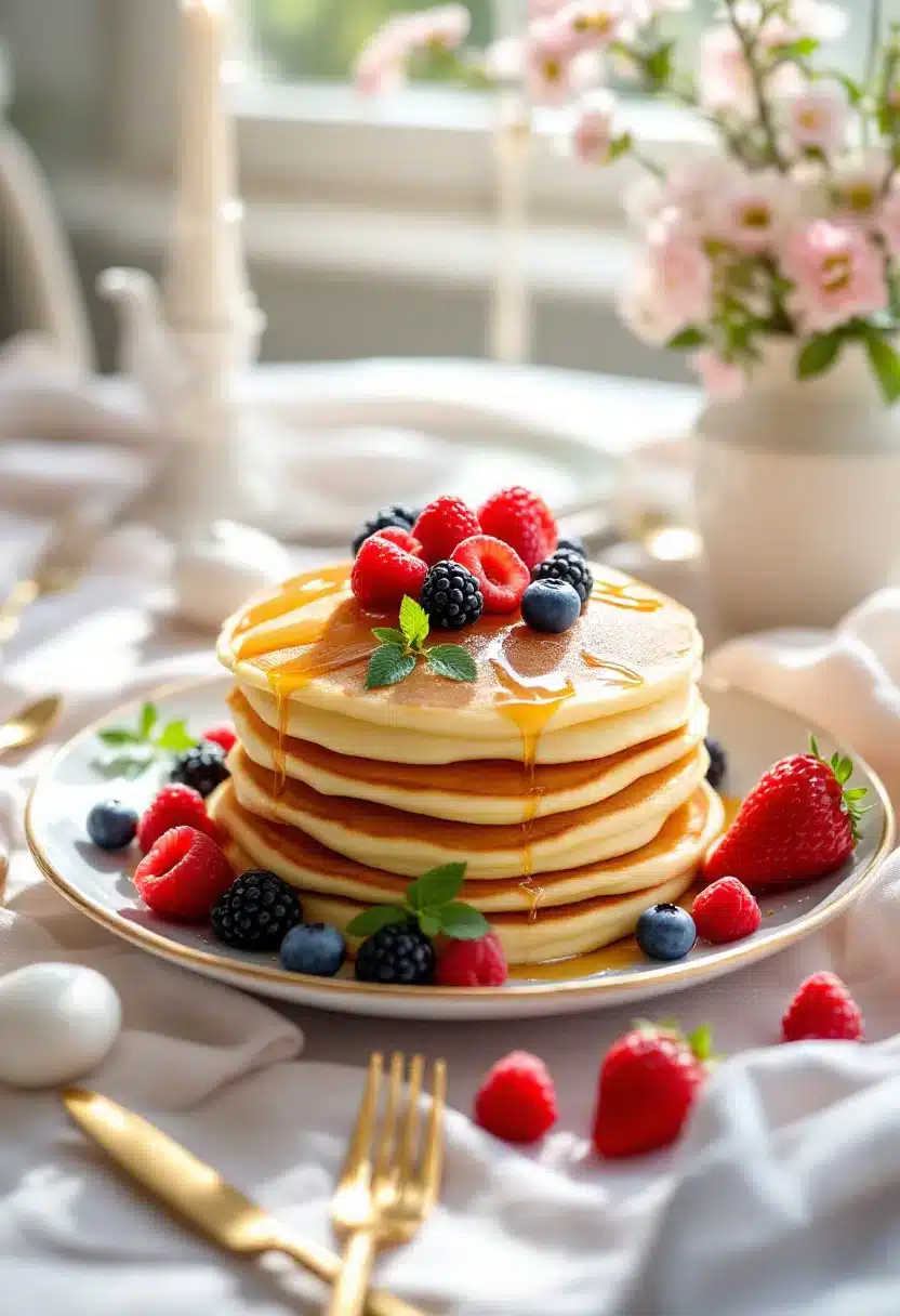 Stack of pancakes with berries and syrup