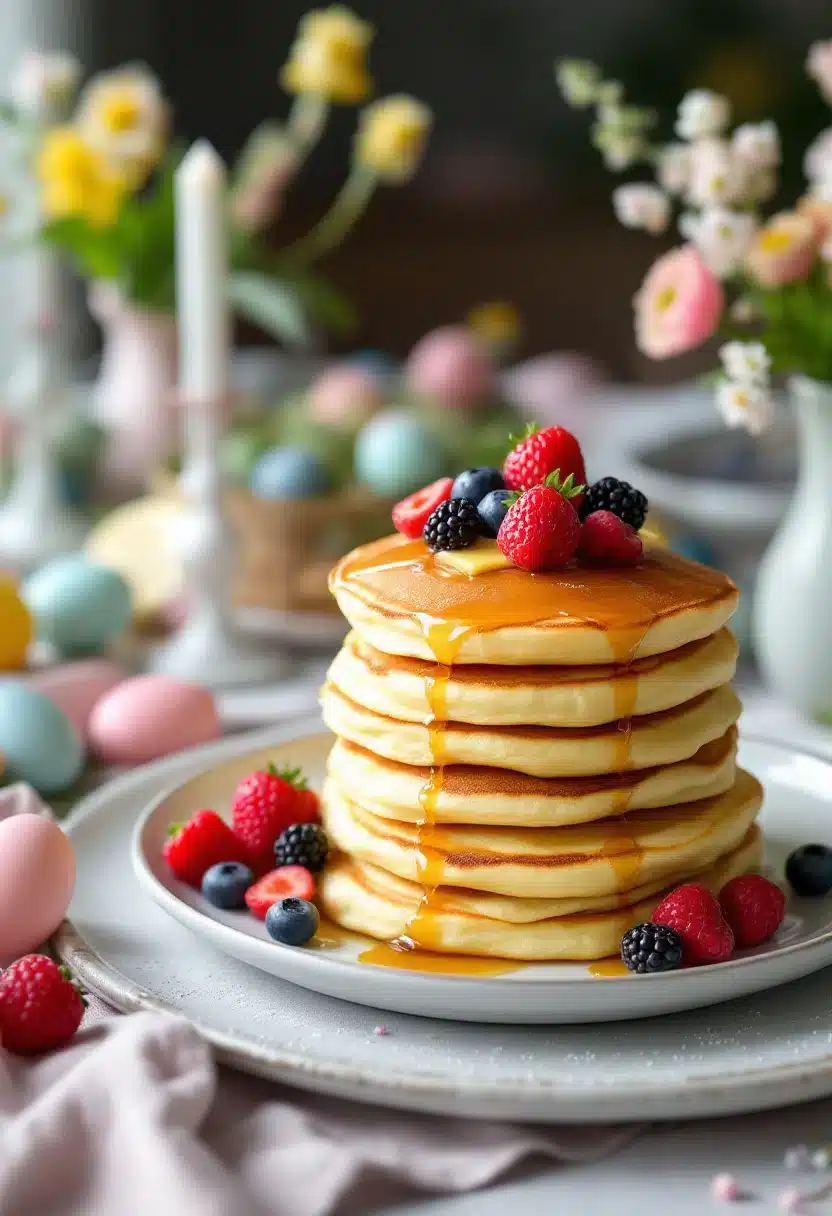Stack of pancakes with berries and syrup.