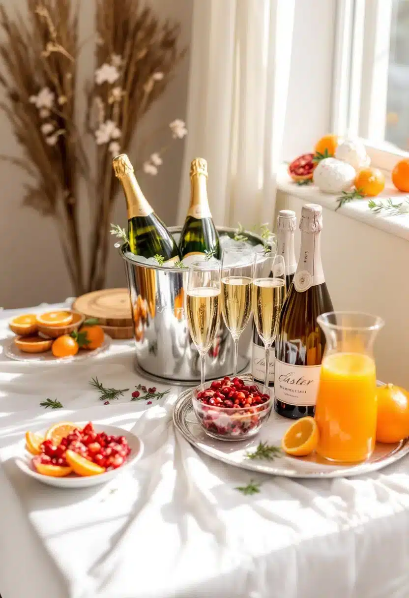 Champagne, orange juice, and fruits on a table.