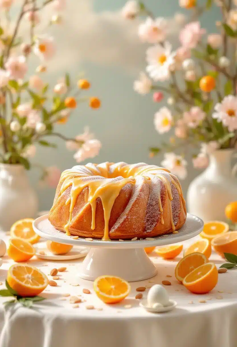 Orange bundt cake with glaze, surrounded by blossoms.