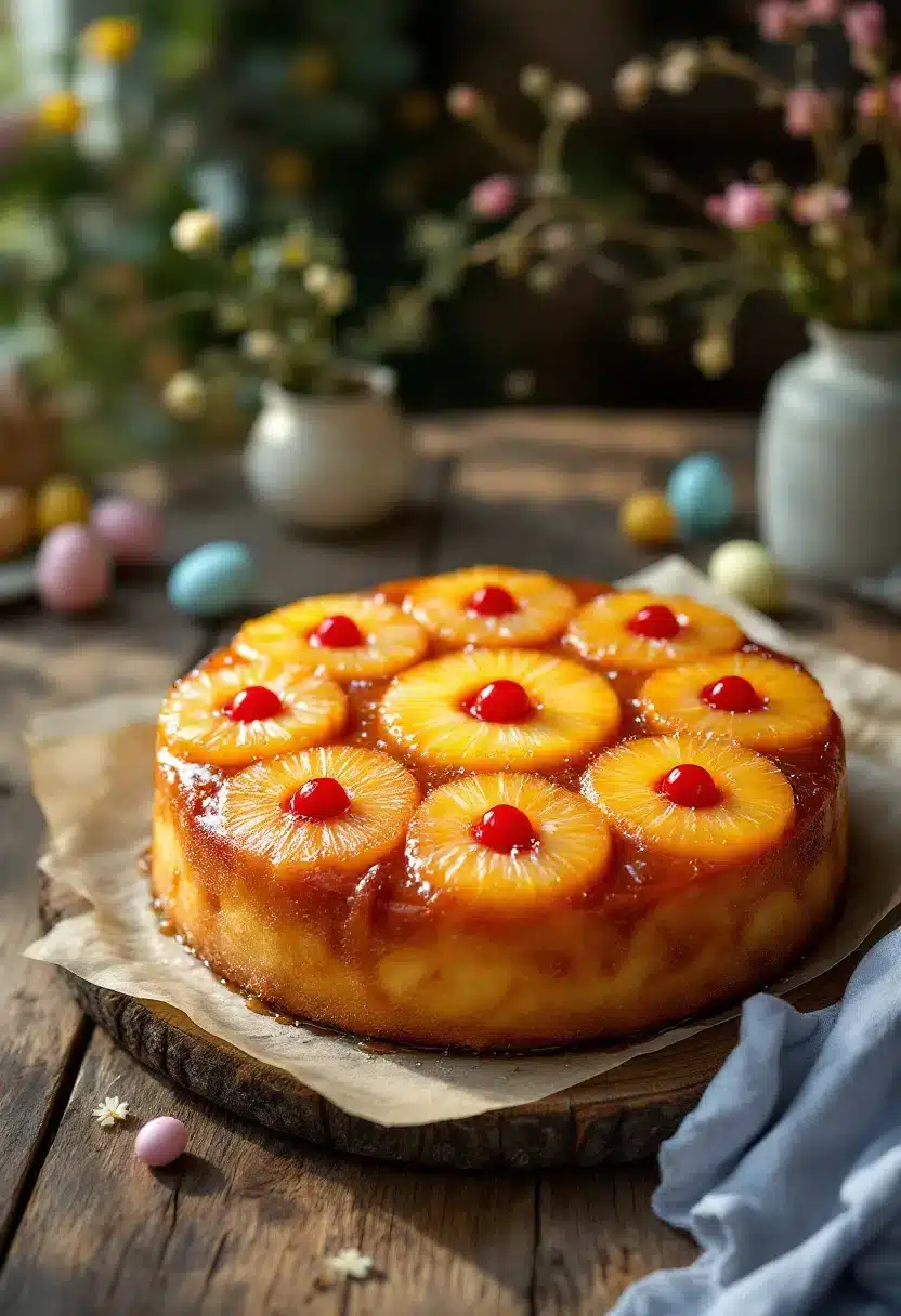 Pineapple upside-down cake with cherries on top
