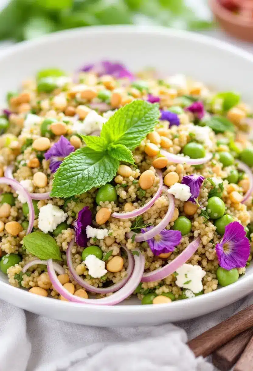Colorful couscous salad with vegetables and flowers.