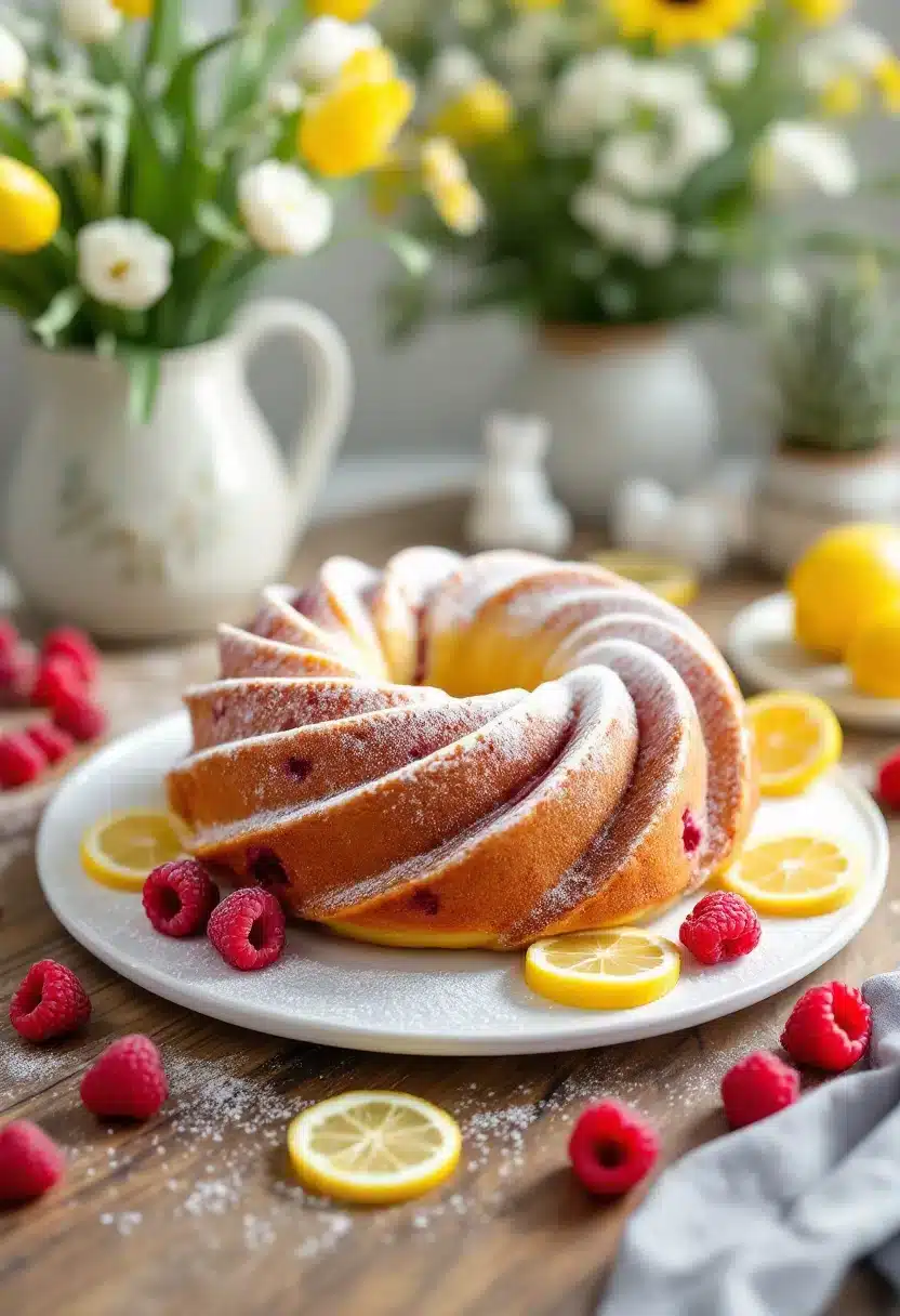 Bundt cake with lemons and raspberries