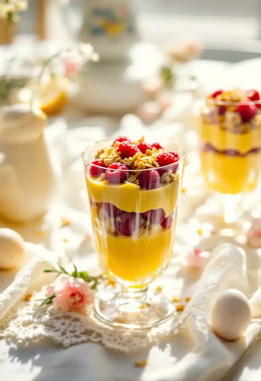 Colorful fruit and yogurt parfait in glass.