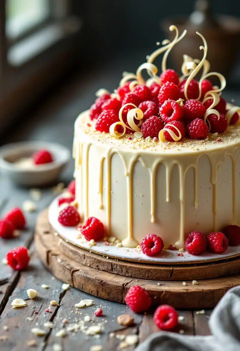 Vanilla cake topped with raspberries and white chocolate swirls.