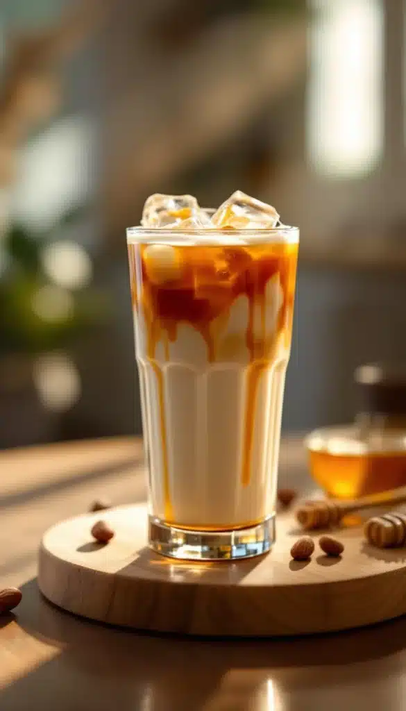 Iced caramel latte with almonds on table
