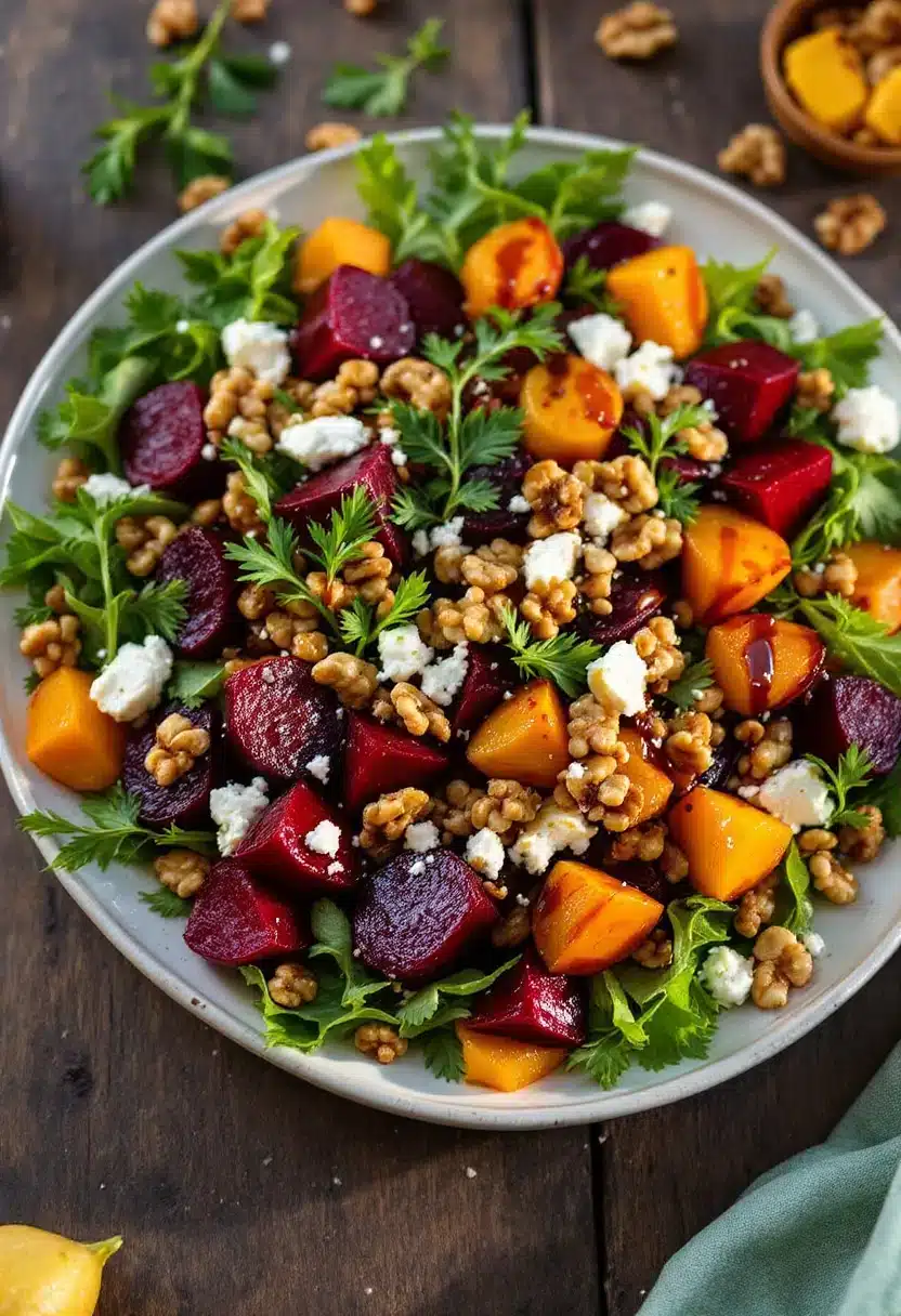 Colorful beet and walnut salad with greens.