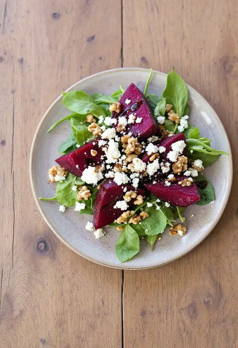 Beet salad with walnuts and feta on spinach.