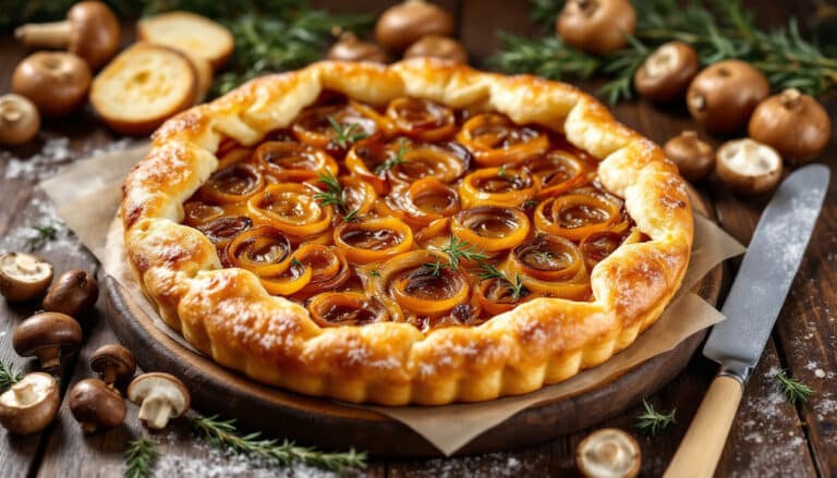 indulge in the rich flavors of our rustic tart, featuring perfectly caramelized onions and a medley of wild mushrooms. this delicious dish combines a buttery crust with savory ingredients, ideal for any occasion or as a delightful appetizer.