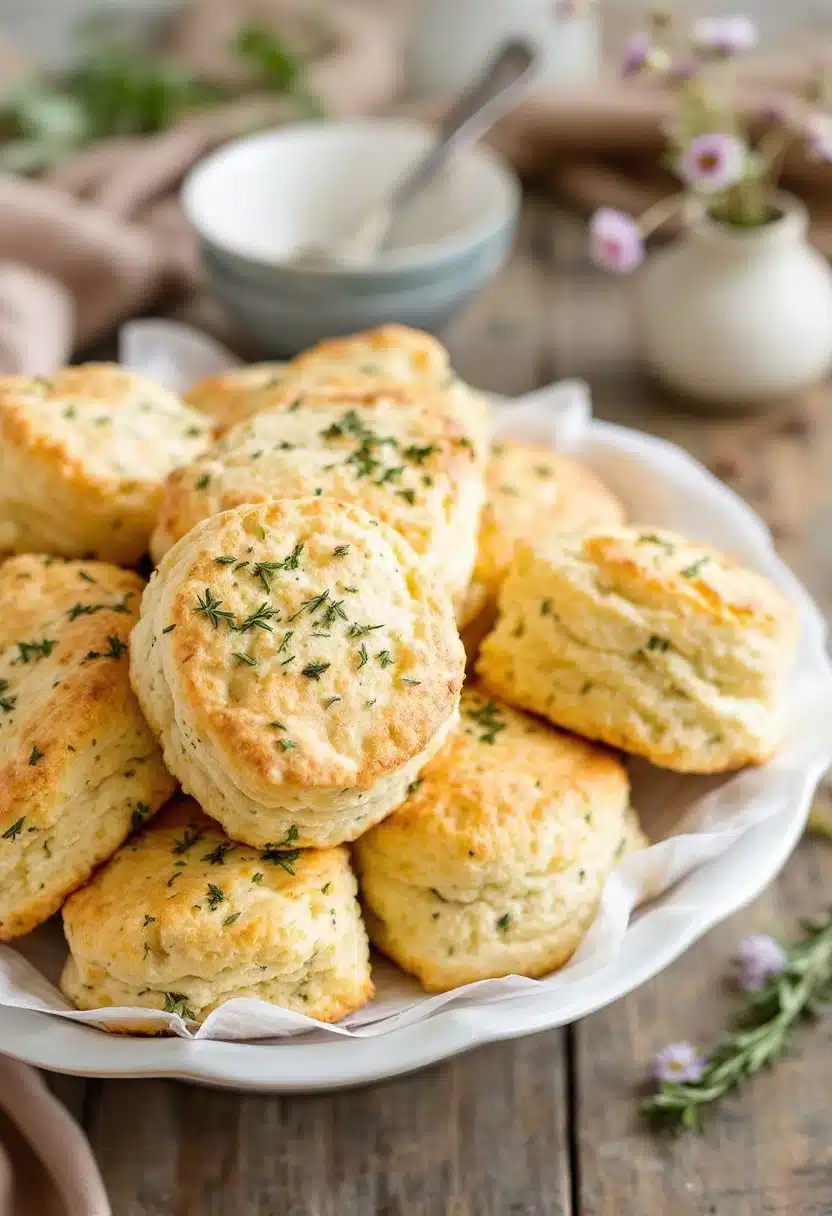 Homemade biscuits with herbs on wooden table.