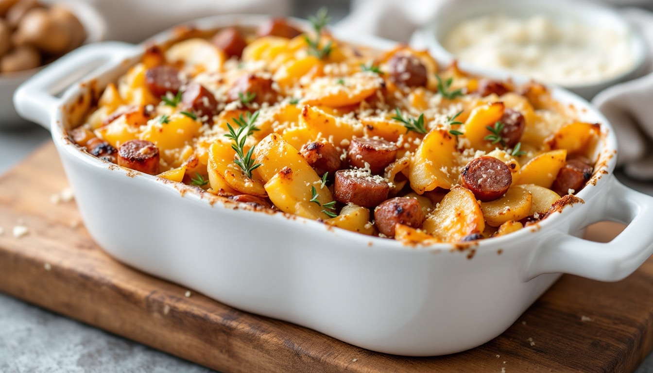 indulge in the comforting flavors of our savory sausage and potato gratin delight, a rich and creamy dish layered with savory sausage, tender potatoes, and melted cheese. perfect for family gatherings or cozy dinners, this gratin promises to warm your heart and satisfy your taste buds.