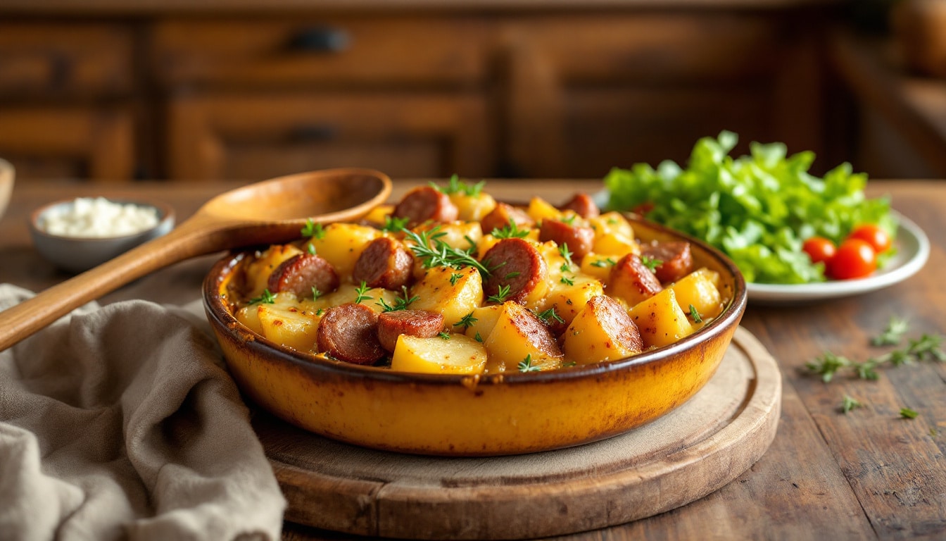indulge in the delicious layers of savory sausage and potato gratin delight. this comforting dish combines juicy sausage with tender potatoes, all baked to perfection in a creamy, cheesy sauce. perfect for family dinners or gatherings, this gratin is a crowd-pleaser that brings warmth and flavor to your table.