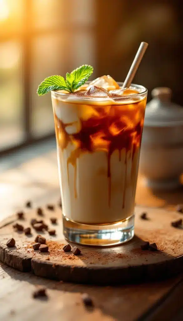 Iced coffee with milk and mint garnish