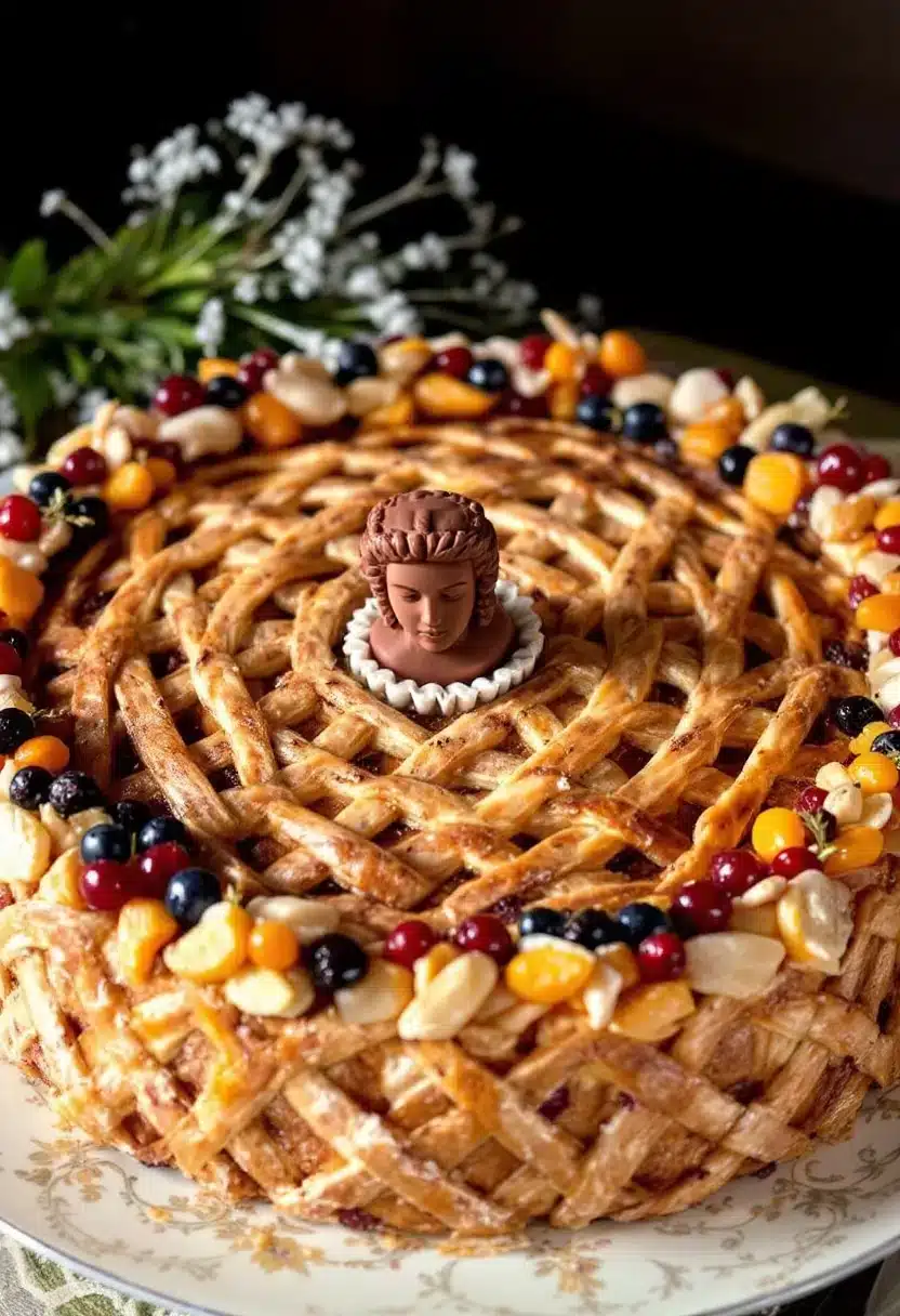Decorative pie with braided crust and fruit toppings.