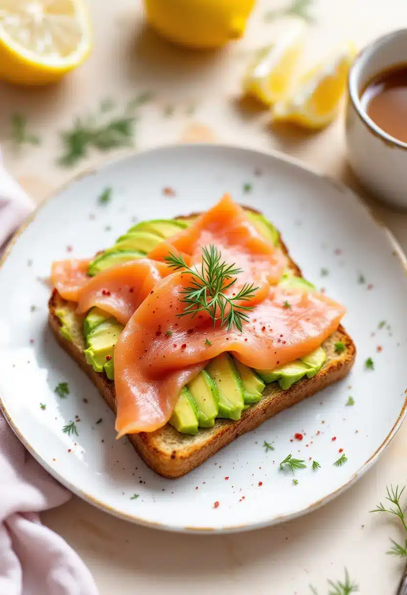 Avocado toast with smoked salmon and dill garnish.