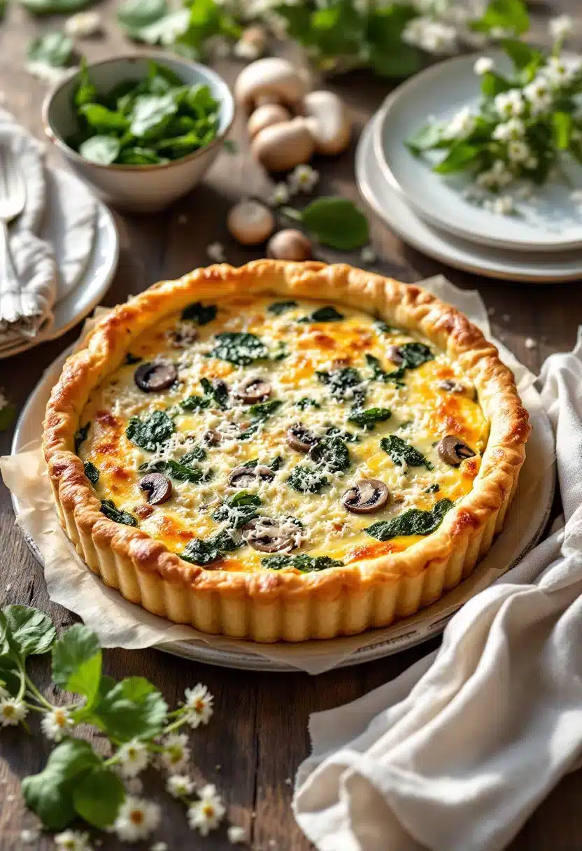 Spinach and mushroom quiche on rustic table setting.