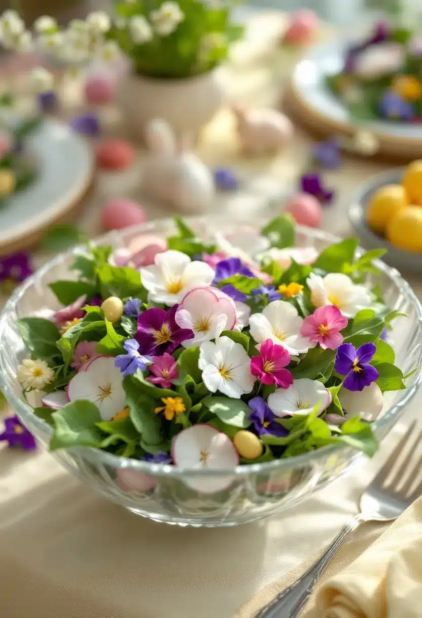 Colorful edible flowers in a glass bowl.