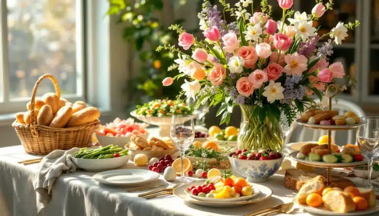 Elegant table setting with flowers and breakfast foods.