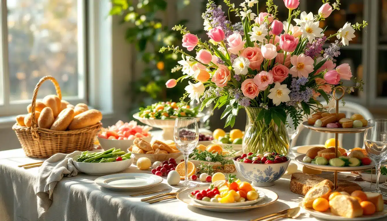 Elegant table setting with flowers and breakfast foods.