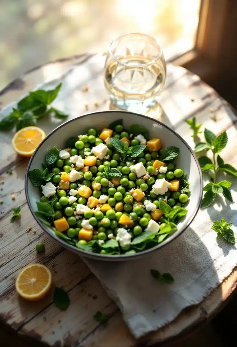Fresh pea salad with feta and mint