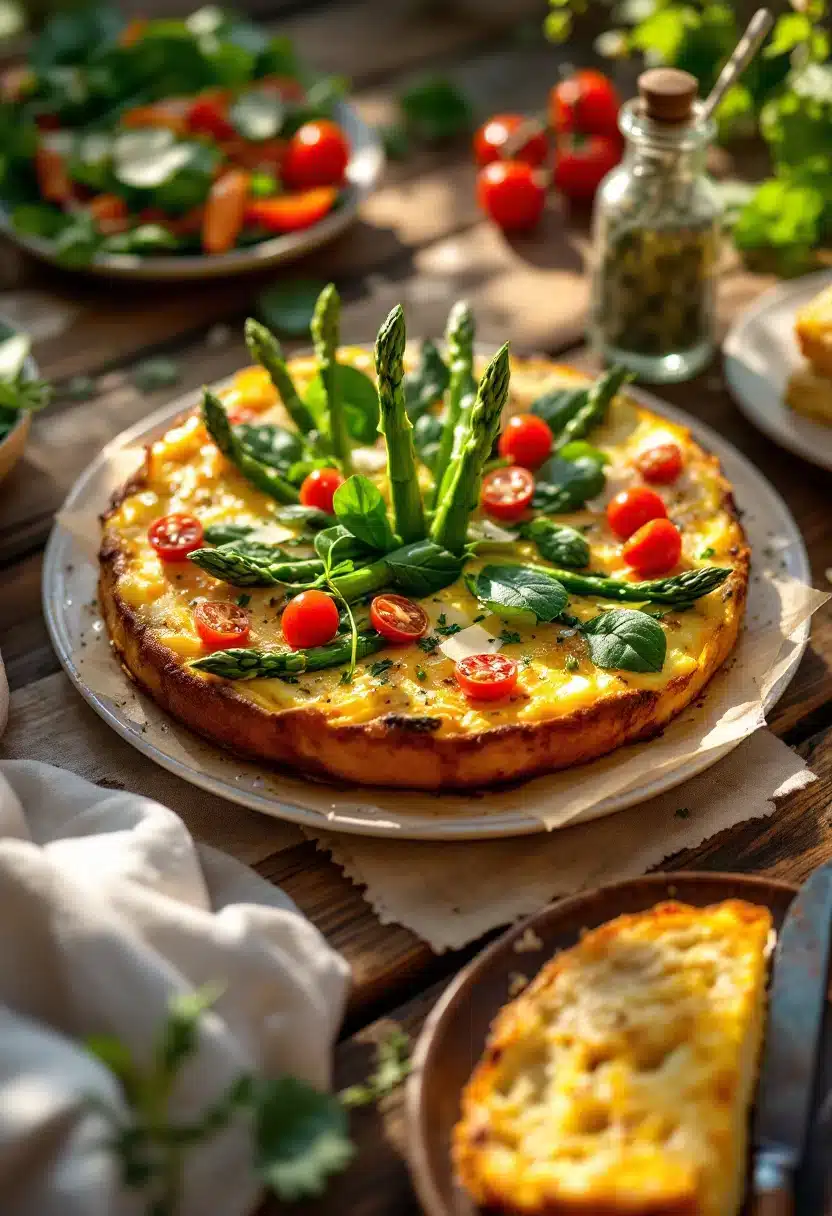 Spring vegetable quiche with tomatoes and asparagus.