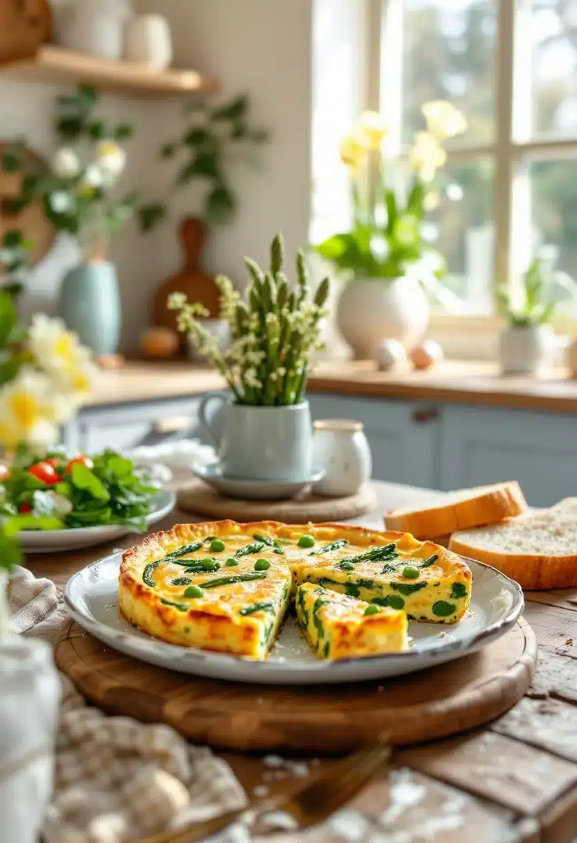 Spinach quiche on table in sunlit kitchen.