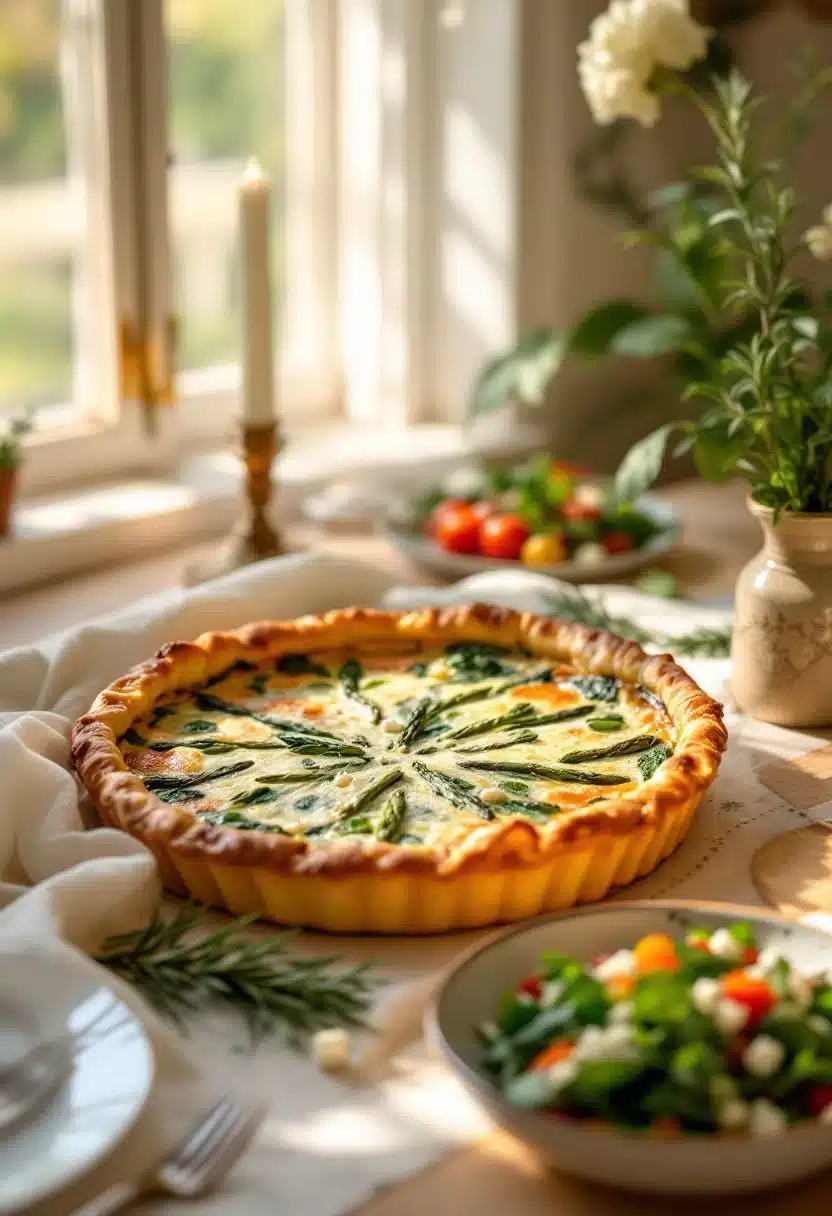 Asparagus quiche on table with salad and candles