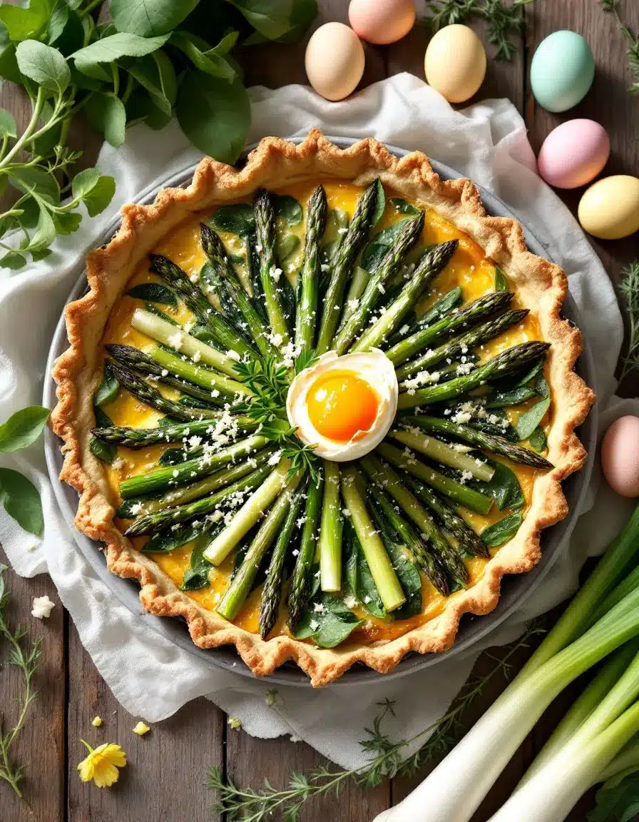 Spring tart with asparagus and egg garnish