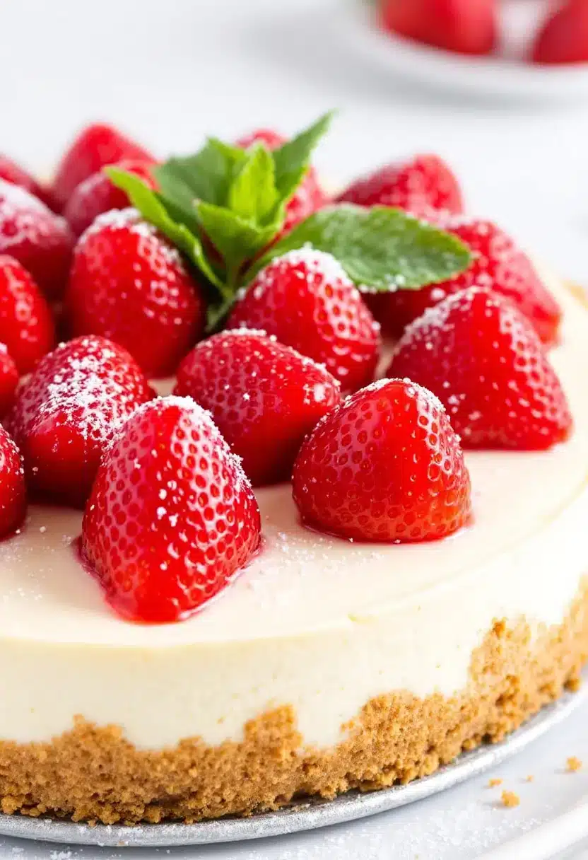 Strawberry cheesecake with mint garnish and crumb crust.