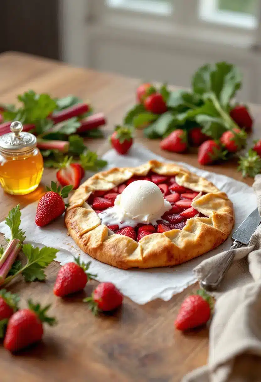 Strawberry galette with ice cream and fresh strawberries