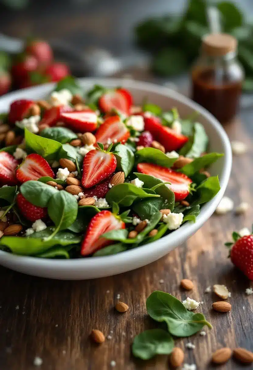 Fresh spinach, strawberry, almond salad in bowl.