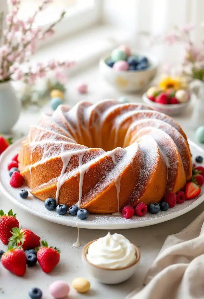 Bundt cake with icing and fresh berries.