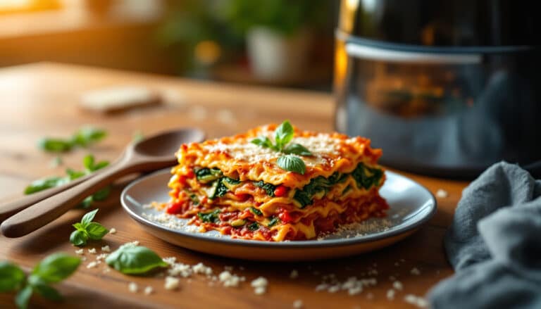 discover the simplicity of making a delicious vegetable lasagna in your air fryer with this easy recipe. enjoy layers of fresh veggies, rich cheese, and flavorful sauce, all cooked to perfection in less time than traditional methods. a healthy and satisfying meal for the whole family!