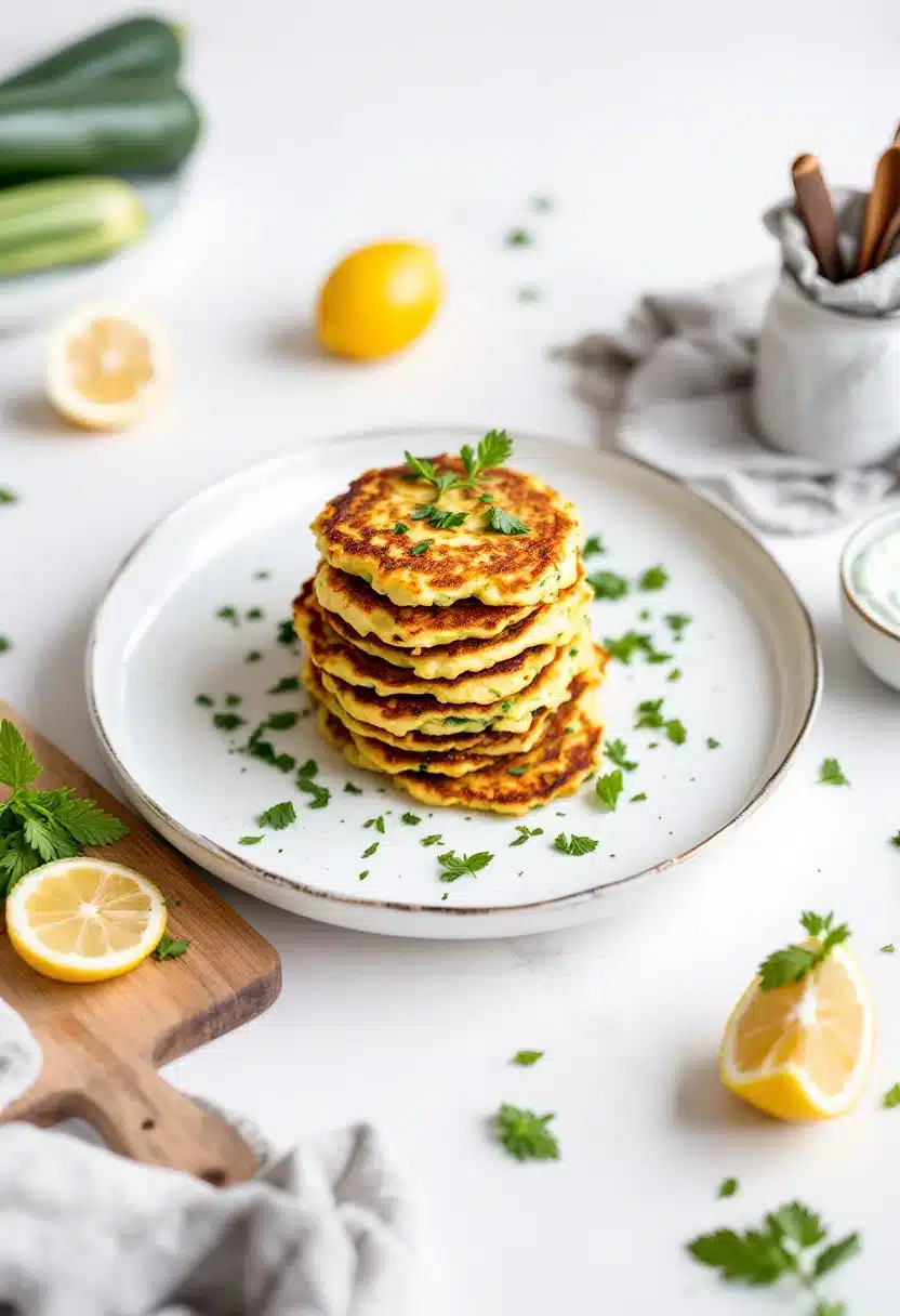 Stack of zucchini fritters with lemon and herbs.
